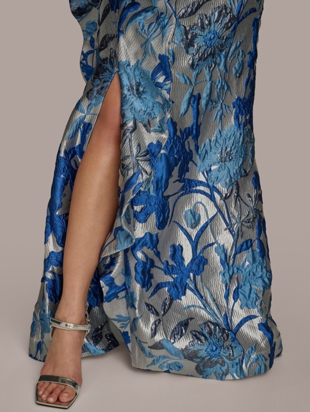 Donna Karen Blue Floral Strapless Brocade Gown - Picture 5 of 6